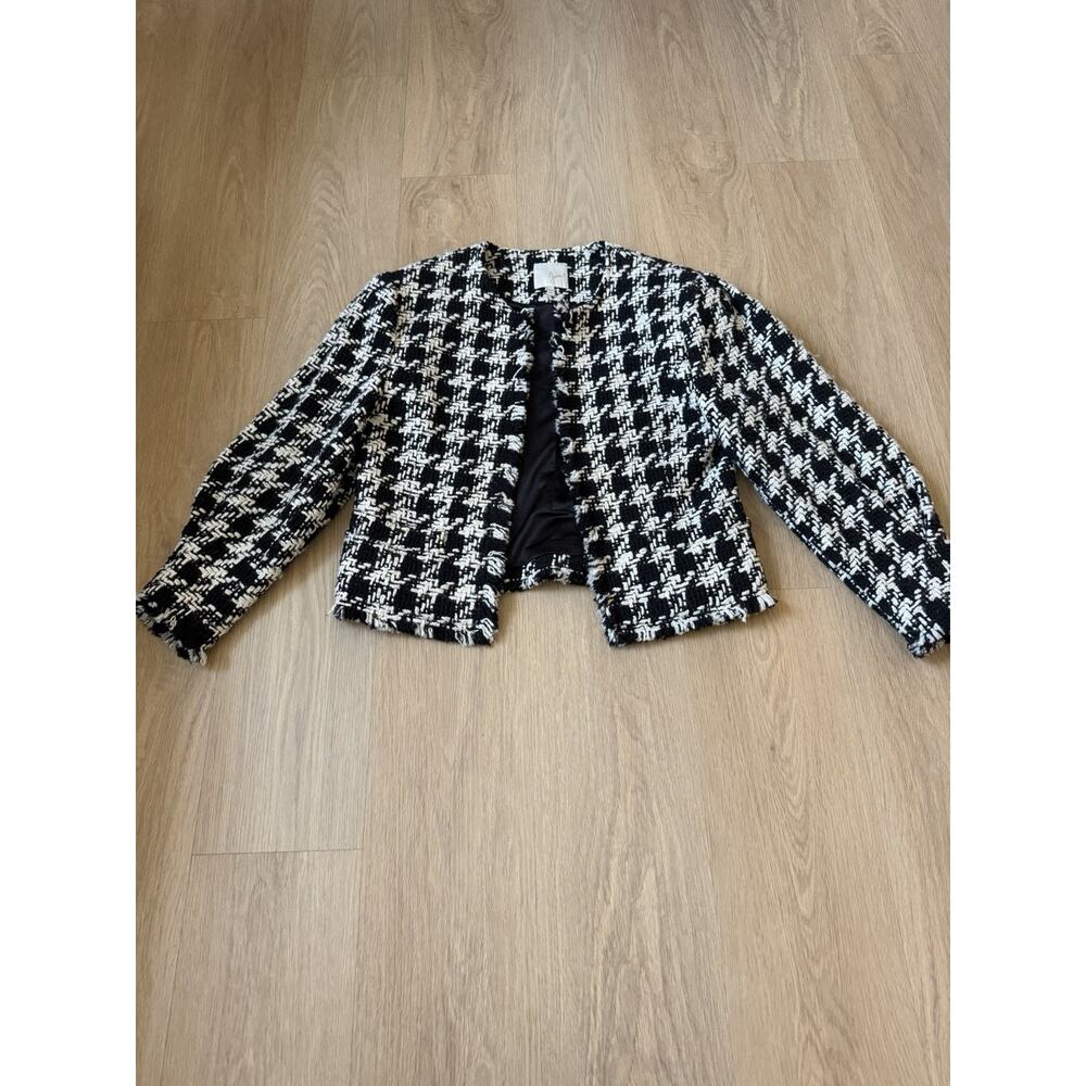 Joie Women’s Classy Style Tweed black White Blazer open front Jacket Fringe M